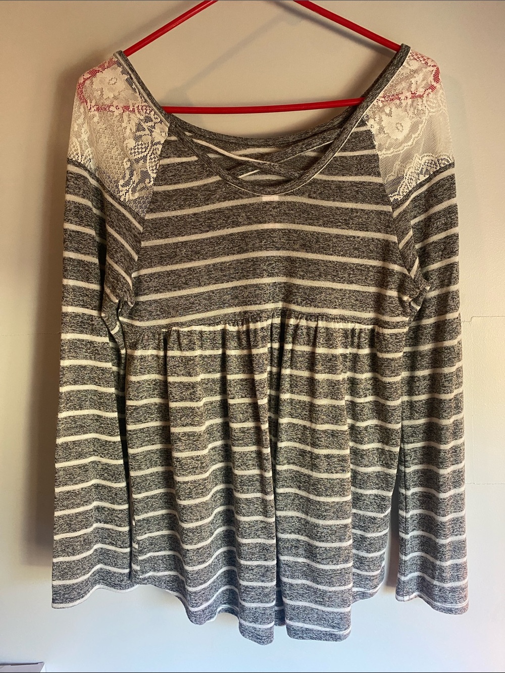 No Boundaries Gray and White Striped Lace-Shoulder Long Sleeve Top